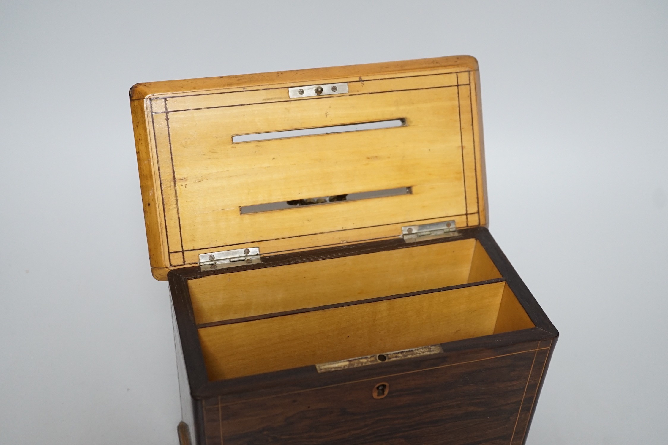 A late 19th century French rosewood letter box, with brass mounts, handle and key, 15.5cms high x 19.5cms wide